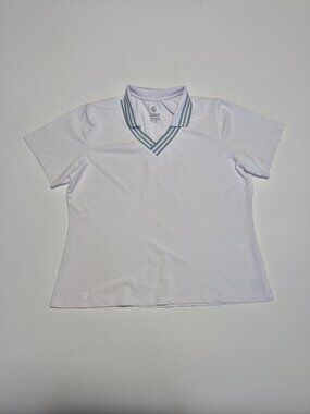 GG Blue Luxe Sport Women's Golf Polo Shirt Size XL White Green Stripe V-Neck